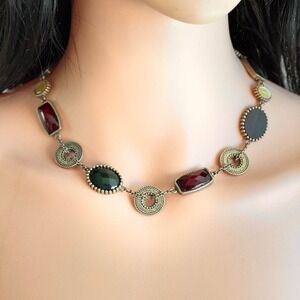 Dainty Statement Necklace with‎ Multicolor Stones and Antique Gold Tone Finish